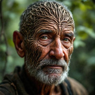 The primary subject of the image is a man with a unique and intricate tattoo design on his face. The setting is a forest, with trees in the background. The visual style appears to be a close-up of the man's face, showcasing the tattoo's details. The colors and mood of the image are dark and mysterious, with the man's tattoo being the main focus of the scene.